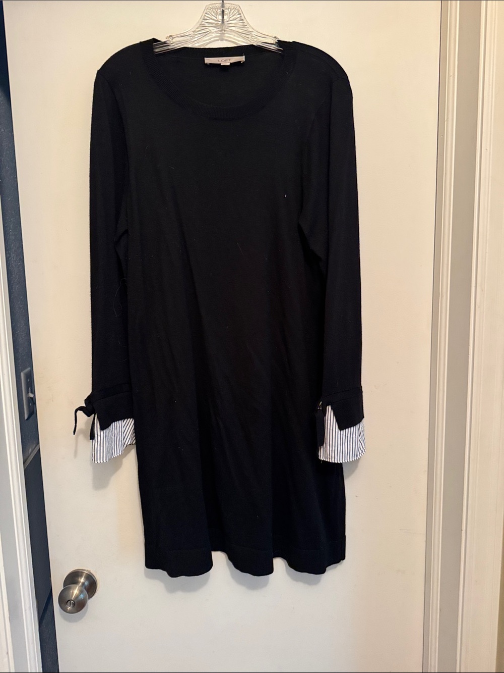 LOFT Black Knit Long-Sleeve Dress with Striped Cuff Detail